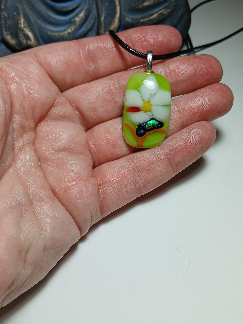 Handmade In Yucatan Mex -  Green Floral Glass Pendant Necklace
